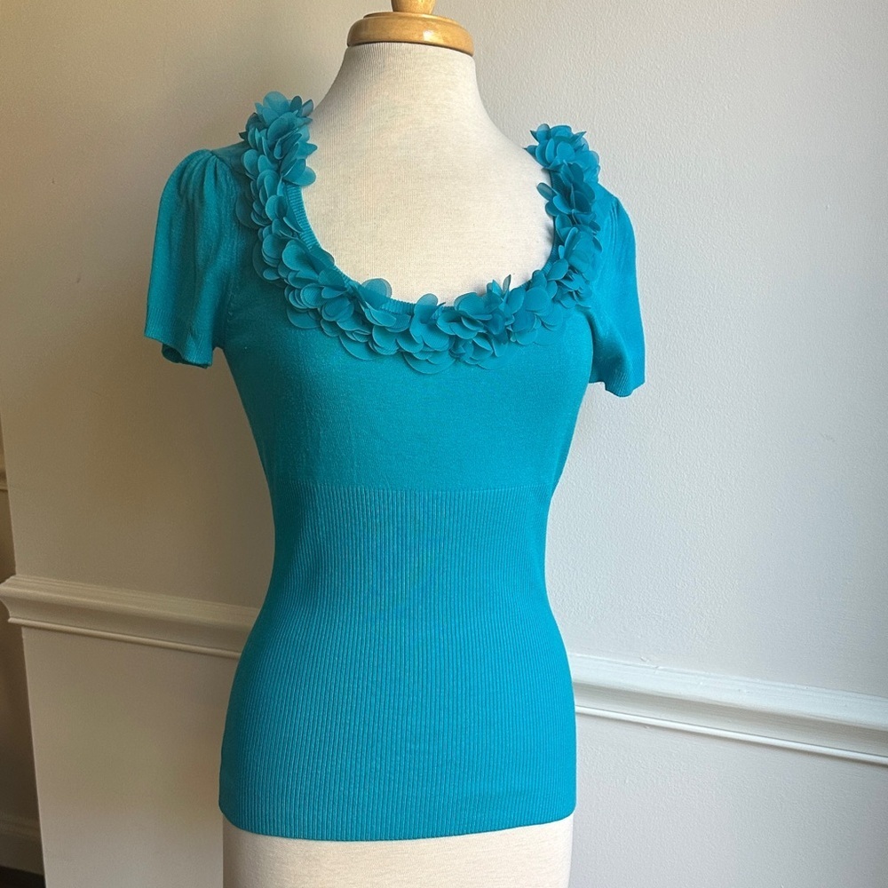 Grace Ruffle Neck Crew Sweater Cap Sleeve  Turquoise Aqua Small EUC